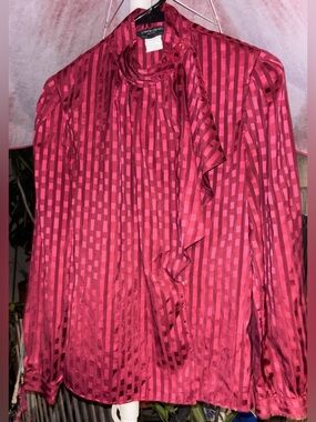 Pierre Cardin Fuchsia and Burgundy Striped Satin Blouse with Neck Drape